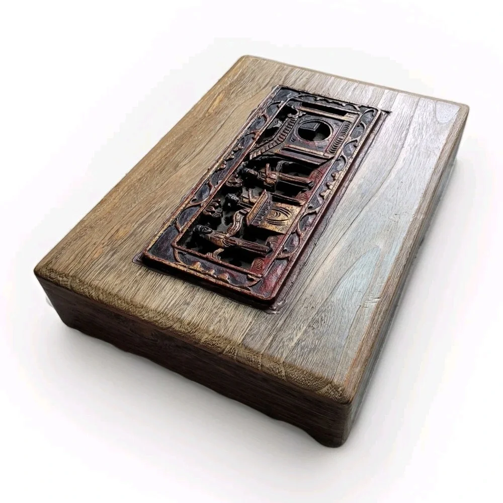 VTG Hand Carved Wood Trinket Box Asian Chinoiserie Relief‎ Scene Jewelry Chest